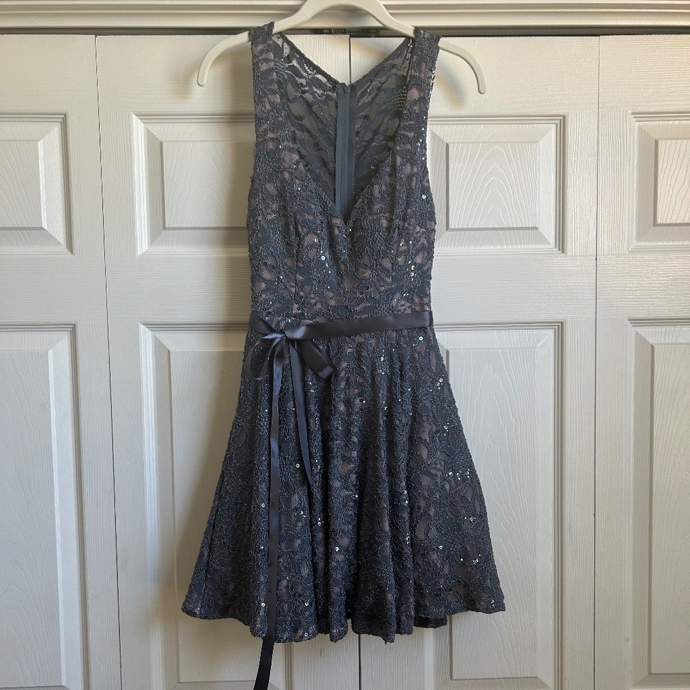 B. Darlin Grey/Pink Lace Dress w/ Sequins + Satin Ribbon
